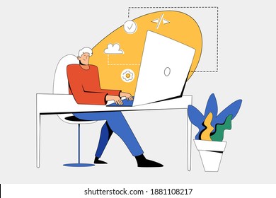 Moderne flache Illustration eines Programmierers an einem Arbeitstisch mit einem Laptop. Das Zeichen funktioniert auf dem Computer, die Cloud-Symbole und Einstellungen auf einem gelben Punkt, helles Design, moderne Blume.