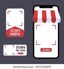 Ilustração plana moderna de digitalização de código QR para pagamentos digitais e compras online. Este conjunto inclui um smartphone com código QR, sinais de digitalização e sinalização de loja em um estilo vermelho e preto limpo. 
