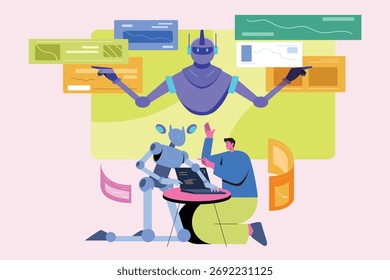 Modern flat illustration showing artificial intelligence and robots collaborating with a human on a laptop.