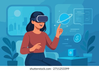 Una ilustración plana moderna que muestra a una persona joven explorando la tecnología XR inmersiva en 2026, interactuando con pantallas holográficas y Elementos virtuales que representan la innovación y virtud digital del futuro