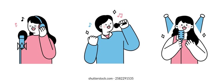 A modern flat illustration of singers performing on stage and recording in a studio, perfect for music, entertainment, and talent themes."