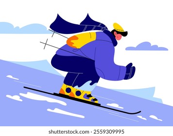 Modern flat illustration of a skier in dynamic motion, wearing vibrant winter gear and gliding down snowy slopes. Perfect for winter sports, seasonal designs, and adventure-themed projects