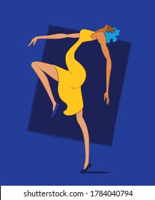 Modern flat illustration of slim dancing young woman on blue background