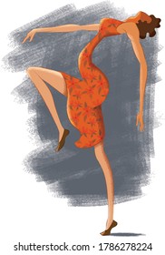 Ilustración plana moderna de una joven bailarina delgada con vestido floral sobre fondo blanco