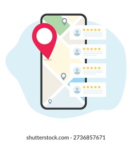 A modern flat illustration of a smartphone map interface displaying location pins and user review cards with star ratings, representing navigation, local search, and location-based services.