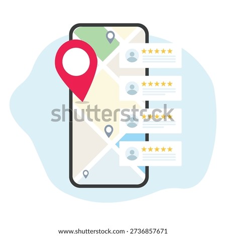 A modern flat illustration of a smartphone map interface displaying location pins and user review cards with star ratings, representing navigation, local search, and location-based services.