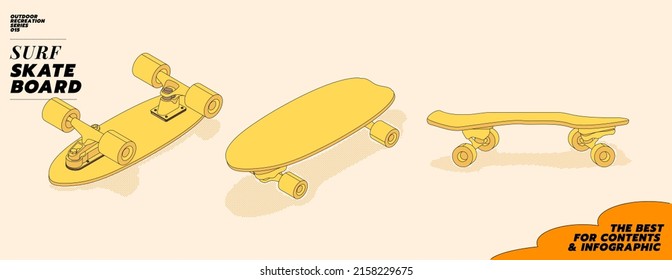 Modern flat illustration of surf skateboard from various angles.