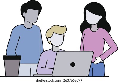 Modern flat illustration of a team working together around a laptop. Ideal for concepts like collaboration, tech startup, and office productivity. Clean design perfect for web and presentations.
