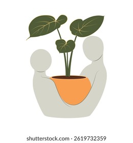 Modern flat illustration of two abstract human figures holding a potted plant. Symbol of care, support, sustainability, and environmental protection. Perfect for eco or mental health themes.
