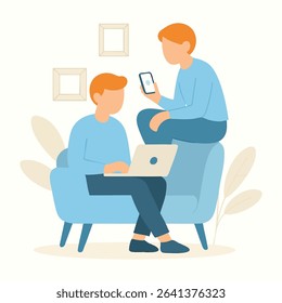 Modern Flat Illustration of Two Men Using Laptop and Smartphone in Living Room Scene