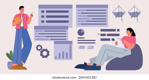 Modern flat illustration of two people collaborating on data and code visualization.