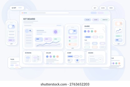 Modern flat illustration of a user interface kit board with various UI elements, charts, color swatches, and mobile app screens in a light pastel color scheme.