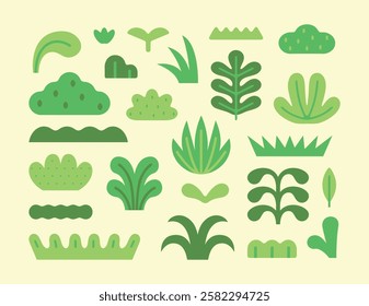 A modern flat illustration of various grass and bush icons, perfect for botanical, nature, and landscape designs.