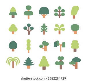 A modern flat illustration of various tree icons, perfect for nature, environment, and eco-friendly themes.