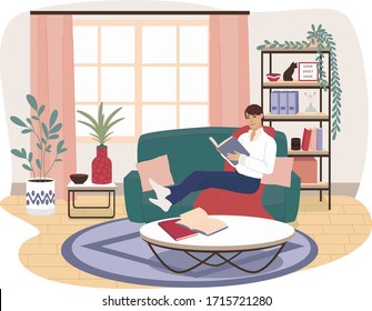 Modern flat illustration vector with cute interior. Beautiful cartoon character young male sitting of sofa, staying at home and reading a book. Stay at home and relax concept.