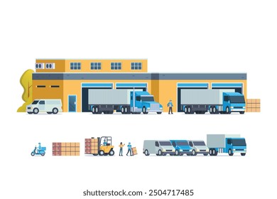 Modern flat Illustration of warehouse building, factory storage. truck and container. Warehouse Management, Logistic Management. vector illustration