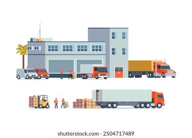 Modern flat Illustration of warehouse building, factory storage. truck and container. Warehouse Management, Logistic Management. vector illustration