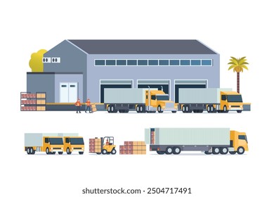 Modern flat Illustration of warehouse building, factory storage. truck and container. Warehouse Management, Logistic Management. vector illustration