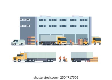 Modern flat Illustration of warehouse building, factory storage. truck and container. Warehouse Management, Logistic Management. vector illustration