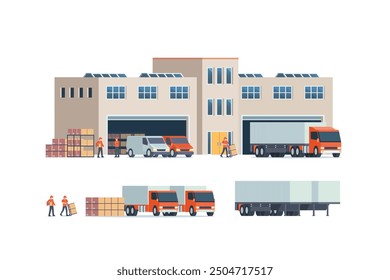 Modern flat Illustration of warehouse building, factory storage. truck and container. Warehouse Management, Logistic Management. vector illustration