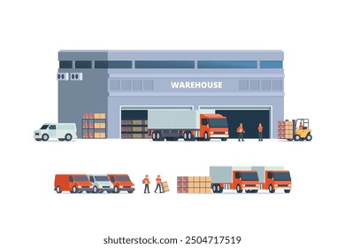 Modern flat Illustration of warehouse building, factory storage. truck and container. Warehouse Management, Logistic Management. vector illustration