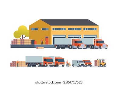 Modern flat Illustration of warehouse building, factory storage. truck and container. Warehouse Management, Logistic Management. vector illustration