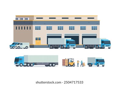 Modern flat Illustration of warehouse building, factory storage. truck and container. Warehouse Management, Logistic Management. vector illustration