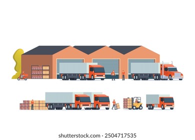 Ilustración plana moderna del edificio del almacén, almacenamiento de la fábrica. camión y contenedor. Gestión de Almacenes, Gestión Logística. Ilustración vectorial