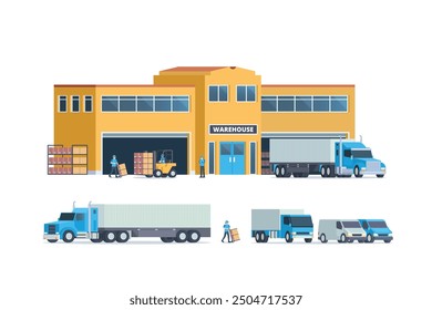 Modern flat Illustration of warehouse building, factory storage. truck and container. Warehouse Management, Logistic Management. vector illustration