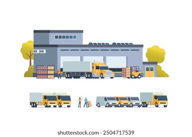 Moderne Wohnung Illustration von Lagergebäude, Fabriklager. Lastkraftwagen und Container. Lagerverwaltung, logistische Verwaltung. Vektorgrafik