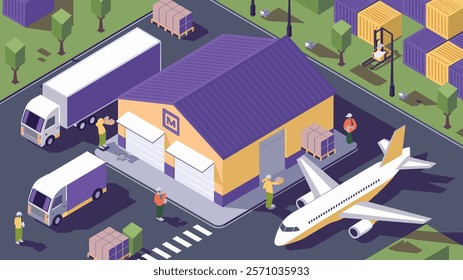 Modern flat Illustration of warehouse building, factory storage. 