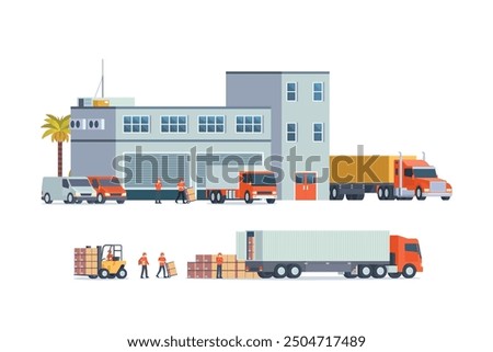 Modern flat Illustration of warehouse building, factory storage. truck and container. Warehouse Management, Logistic Management. vector illustration