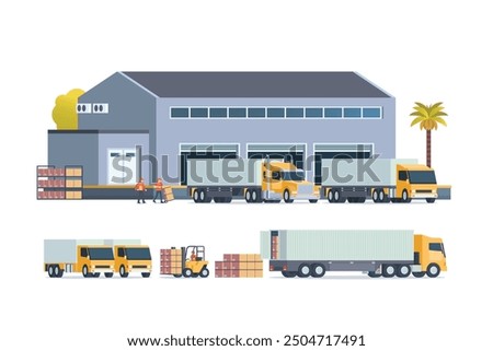 Modern flat Illustration of warehouse building, factory storage. truck and container. Warehouse Management, Logistic Management. vector illustration