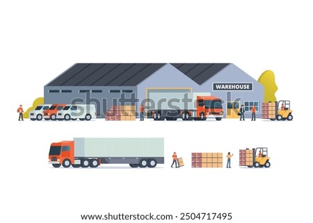 Modern flat Illustration of warehouse building, factory storage. truck and container. Warehouse Management, Logistic Management. vector illustration