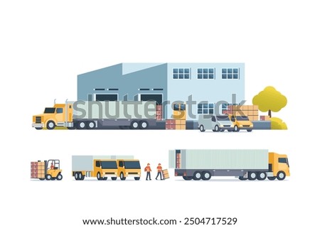 Modern flat Illustration of warehouse building, factory storage. truck and container. Warehouse Management, Logistic Management. vector illustration