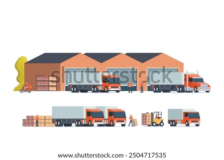 Modern flat Illustration of warehouse building, factory storage. truck and container. Warehouse Management, Logistic Management. vector illustration