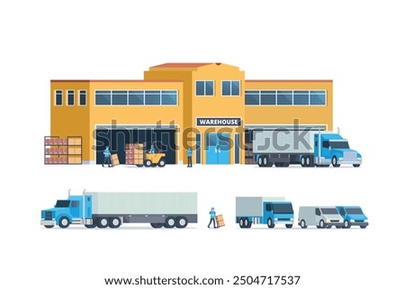 Modern flat Illustration of warehouse building, factory storage. truck and container. Warehouse Management, Logistic Management. vector illustration