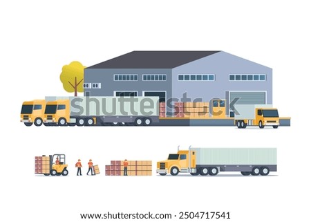 Modern flat Illustration of warehouse building, factory storage. truck and container. Warehouse Management, Logistic Management. vector illustration
