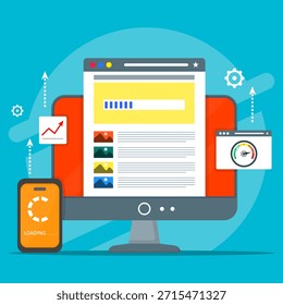 Modern flat illustration of website loading process on desktop and smartphone. Showing web performance, optimization on softwere, progress bar, and digital technology updating concept.