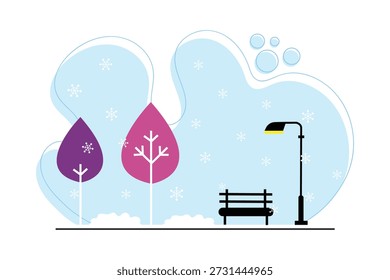 Moderne, flache Illustration eines Winterparks mit bunten stilisierten Bäumen, fallendem Schnee, einer Bank und einer Straßenlaterne.