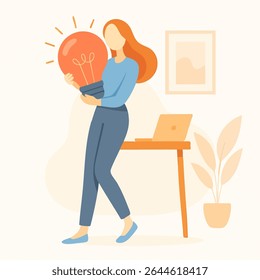 Ilustração plana moderna da mulher segurando grande símbolo da lâmpada da ideia