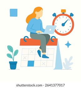 Modern Flat Illustration Woman Sitting on Calendar with Stopwatch Icon Concept