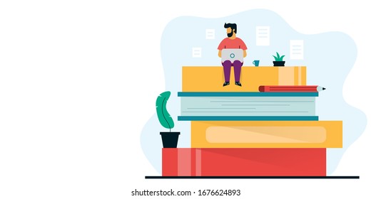 Modern flat illustration of working at home on laptop with books and pencil. Work space illustration. Perfect for a home page or website header.