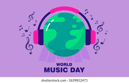 Modern Flat Illustration for World Music Day Featuring Globe with Music Notes and Treble Clef Symbol. Perfect for Music Events, Festivals, or International Music-Themed Designs.