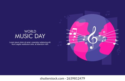 Modern Flat Illustration for World Music Day Featuring Globe with Music Notes and Treble Clef Symbol. Perfect for Music Events, Festivals, or International Music-Themed Designs.
