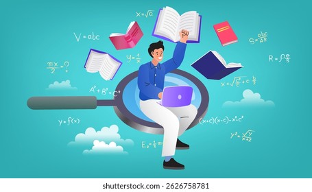 Ilustração plana moderna de um jovem sentado em uma lupa enquanto usa um laptop, rodeado por livros, fórmulas matemáticas e símbolos científicos no ar. Conceito perfeito para educação on-line,