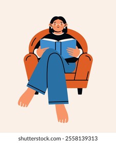 Modern flat illustration with young woman, who sitting in armchair and reading book. Book lover concept. Book Day. Vector naive clip art with female character, who loving literature. For card, banner.