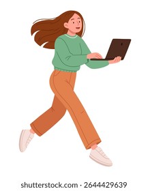 Modern flat illustration of a young woman running with a laptop. She wears casual clothes and sneakers, representing a dynamic lifestyle, remote work, digital nomadism, or online business. 