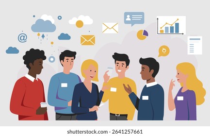 Modern flat illustrations of diverse business teams collaborating, communicating, and networking, surrounded by digital icons representing various business functions and technology