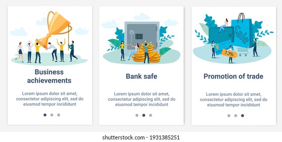 Modern flat illustrations in the form of a slider for web design. A set of UI and UX interfaces for the user interface.Topic Business achievements, finance and trade.